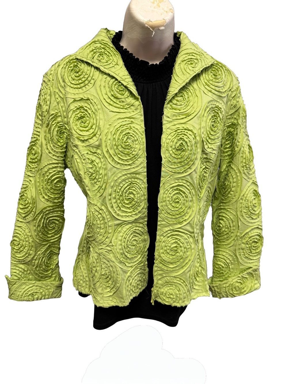 1663/ Samuel Dong Thin Light Green Textured Rosette Zip Up Jacket Sz Medium